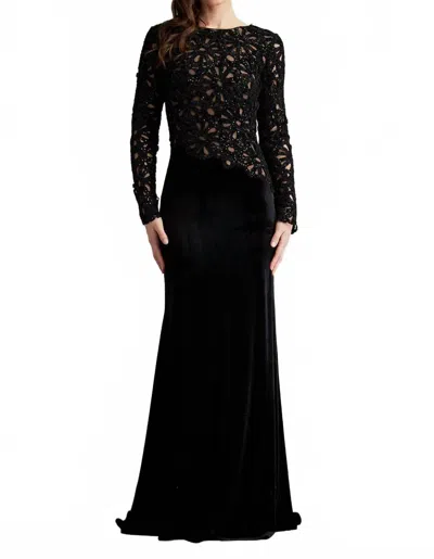 TADASHI SHOJI SINNOTT CHENILLE EMBROIDERED GOWN IN BLACK/NUDE