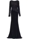 Tadashi Shoji Sequin Lace Bodice Long Sleeve Velvet Gown In Black