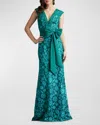 Tadashi Shoji Sleeveless Bow-front Floral Lace Gown In Emerald