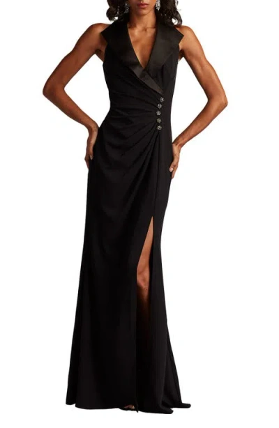 Tadashi Shoji Pleated Jewel-embellished Crepe Tuxedo Gown In Black
