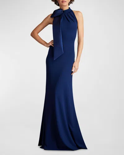 Tadashi Shoji Sleeveless Mock-neck Bow Gown In Navy