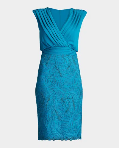Tadashi Shoji Sleeveless Pleated Crepe & Lace Dress In Marine