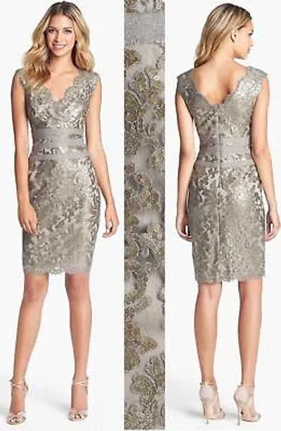 Pre-owned Tadashi Shoji Smoke Pearl Paillette Embroidered Sequin Lace Banded Dress In White
