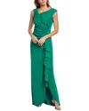 Tadashi Shoji Portrait Collar Gown With Cascading Ruffle In Green