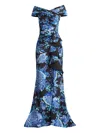 Tadashi Shoji Floral Print Ruffle Off The Shoulder Gown