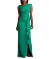 Tadashi Shoji Portrait Collar Gown With Cascading Ruffle In Green