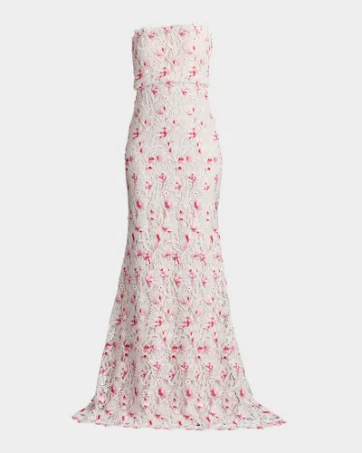 Tadashi Shoji Strapless Floral Lace Trumpet Gown In White Wild Flower