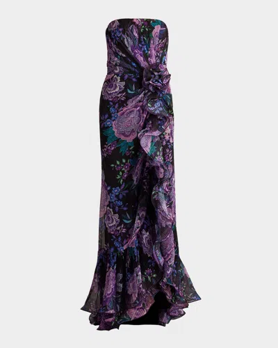 TADASHI SHOJI STRAPLESS FLORAL-PRINT RUFFLE GOWN
