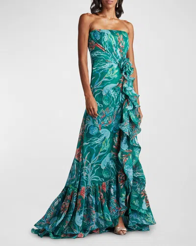 Tadashi Shoji Undersea Print Stapless Gown In Green