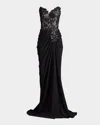 Tadashi Shoji Strapless Pleated Sequin Lace Gown