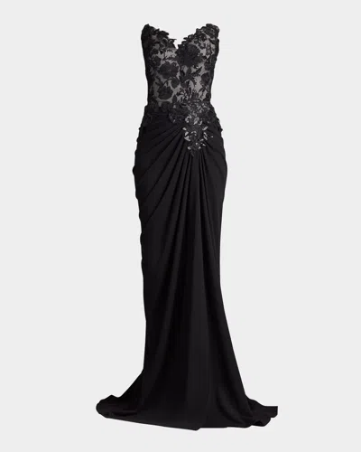Tadashi Shoji Strapless Pleated Sequin Lace Gown