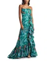 Tadashi Shoji Strapless Ruffle Trim Asymmetric Gown In Bamboo