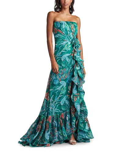 Tadashi Shoji Strapless Ruffle Trim Asymmetric Gown In Bamboo