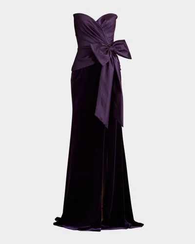 Tadashi Shoji Strapless Taffeta & Velvet Bow Gown In Plum