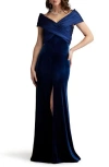 Tadashi Shoji Benz Pleated Portrait Collar Gown In Blue