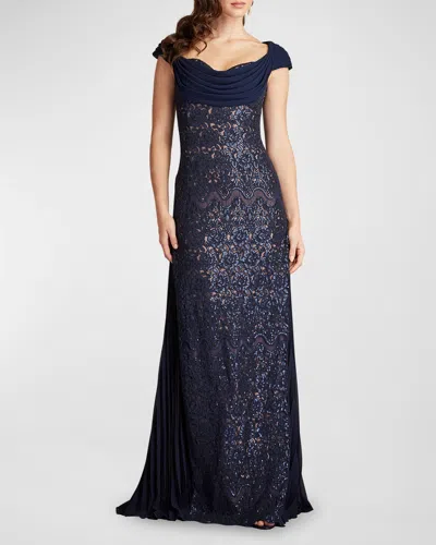 Tadashi Shoji Sweetheart Sequin Lace Gown In Royal Navy/ Nude