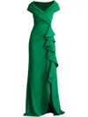 Tadashi Shoji Portrait Collar Gown With Cascading Ruffle In Grün