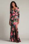 Tadashi Shoji Floral Long Sleeve Evening Gown In Black