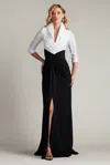 Tadashi Shoji Textured Crepe And Taffeta Draped Gown In Multi