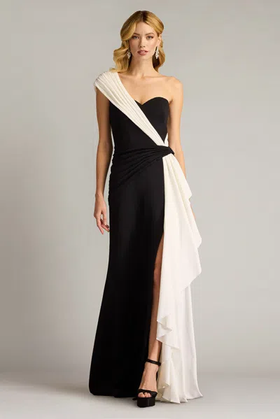 Tadashi Shoji Textured Crepe Gown With Contrast Drape In Multi