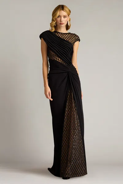 Tadashi Shoji Textured Crepe Gown With Sheer Details In Multi