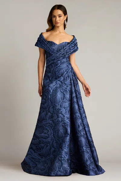 Tadashi Shoji Textured Crepe Portrait Collar Gown In Multi