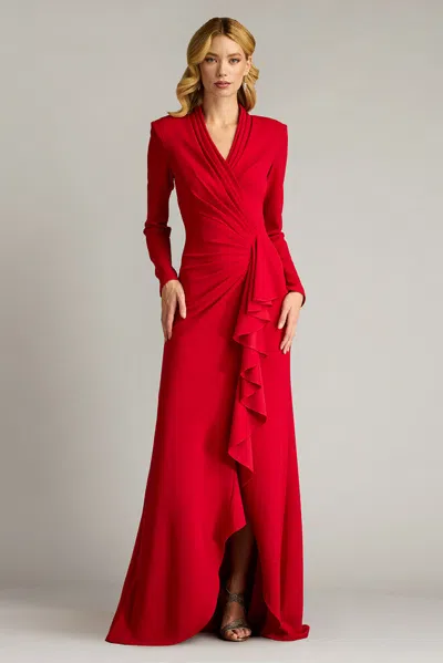 Tadashi Shoji Textured Crepe V-neck Long Sleeve Gown In Multi