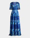 Tadashi Shoji Floral Print Georgette Gown In Mystic Blue