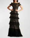 Tadashi Shoji Tiered Off-shoulder Sequin Lace Gown In Blacknude