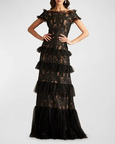Tadashi Shoji Tiered Off-shoulder Sequin Lace Gown In Black