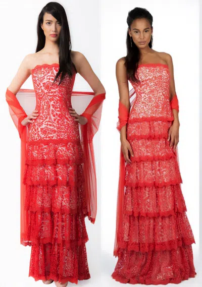 Pre-owned Tadashi Shoji Tiered Strapless Lace Red Paprika Dress Gown & Stole 8 10