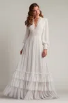 Tadashi Shoji Ruffle Pleated Long Sleeve Chiffon Gown In White