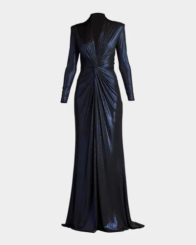 Tadashi Shoji Twist-front Metallic Jersey Column Gown In Rylnv
