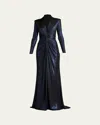 Tadashi Shoji Twist-front Metallic Jersey Column Gown In Royal Navy