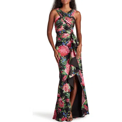 Tadashi Shoji Twist Front Pleated Mermaid Gown In Black/fuchsia Floral