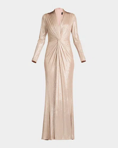 Tadashi Shoji Twist-front Metallic Jersey Column Gown In Gold