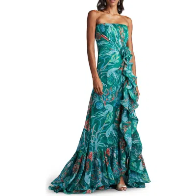 Tadashi Shoji Undersea Print Stapless Gown In Bamboo