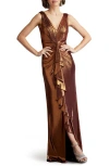 Tadashi Shoji Pleated Metallic Jersey Column Gown In Copper