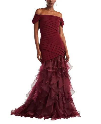 Tadashi Shoji Vail Shutter-pleated Crepe And Organza Gown In Burgundy
