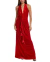 Tadashi Shoji Sleeveless Twist-front Ruffle Velvet Gown In Red