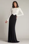 Tadashi Shoji Scroll Lace Long Sleeve Crepe Gown In Black