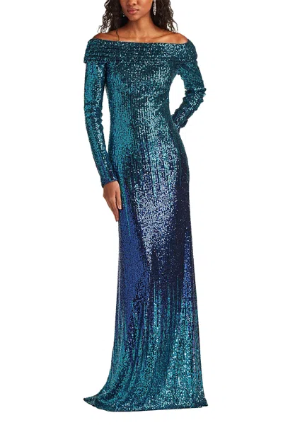 Tadashi Shoji Vionne Off-shoulder Sequin Gown In Blue