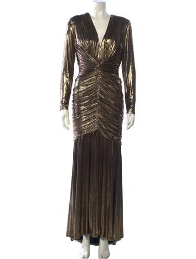 Pre-owned Tadashi Shoji V-neck Long Dress In Gold