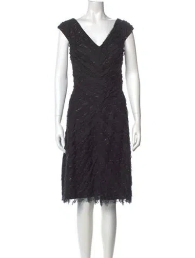 Pre-owned Tadashi Shoji V-neck Midi Length Dress In Black