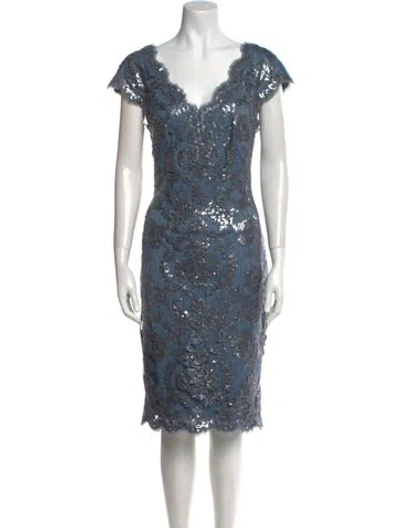 Pre-owned Tadashi Shoji V-neck Midi Length Dress In Blue