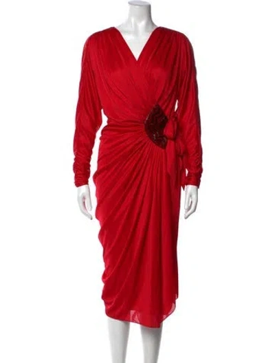 Pre-owned Tadashi Shoji V-neck Midi Length Dress In Red