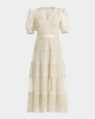 Tadashi Shoji V-neck Short-sleeve Lace Tiered Midi Dress In Neutral