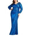 Tadashi Shoji Sequin Floral Detail Metalllic Liquid Jersey Gown In Blue