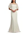 Tadashi Shoji Whelan Embroidered Puff-sleeve Gown In Light Beig