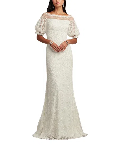 Tadashi Shoji Whelan Embroidered Puff-sleeve Gown In Light Beig